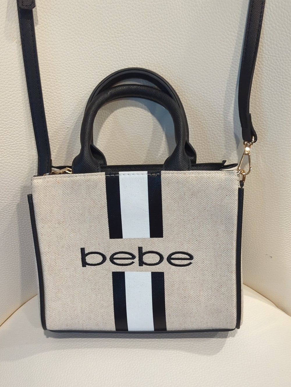 bebe Beige and Black Crossbody Tote with Center Stripe